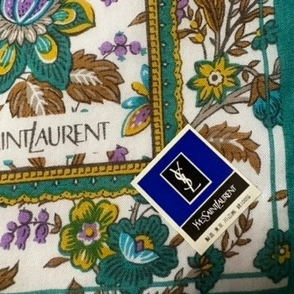 Vtg YVES SAINT LAURENT Scarf Handkerchief Floral Cotton Teal White 18.5